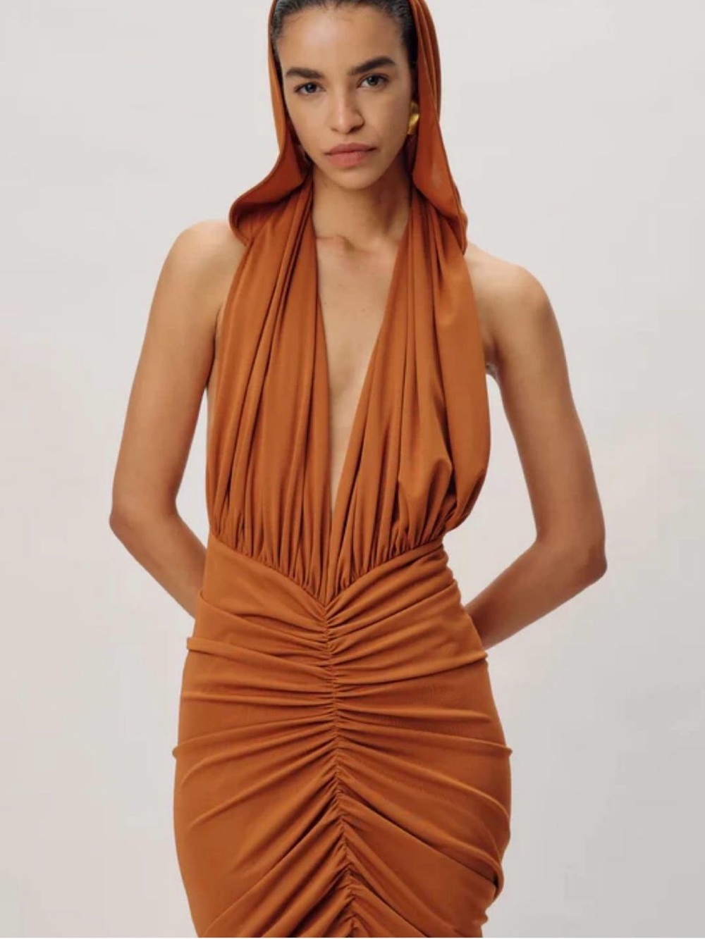 Ronny Kobo Collection Strapless Hooded Ruched Maxi Dress in Rust
